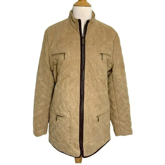 Pamela McCoy S tan with brown trim quilted zip‎ coat with 4 front pockets - Picture 1 of 5